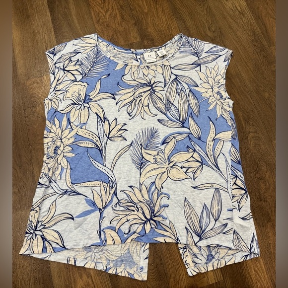 HALSTON 100% Linen Slub Knit Button back Tee Size XL Blue Floral Print - Picture 9 of 12